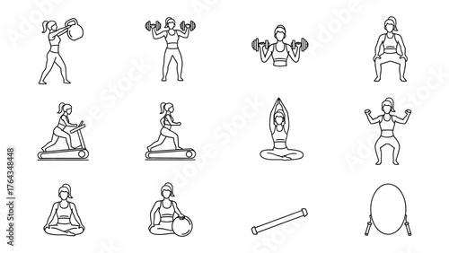 Fitness icons vector set: A collection of various fitness icons, showcasing exercises for a healthy lifestyle, with dynamic illustrations.