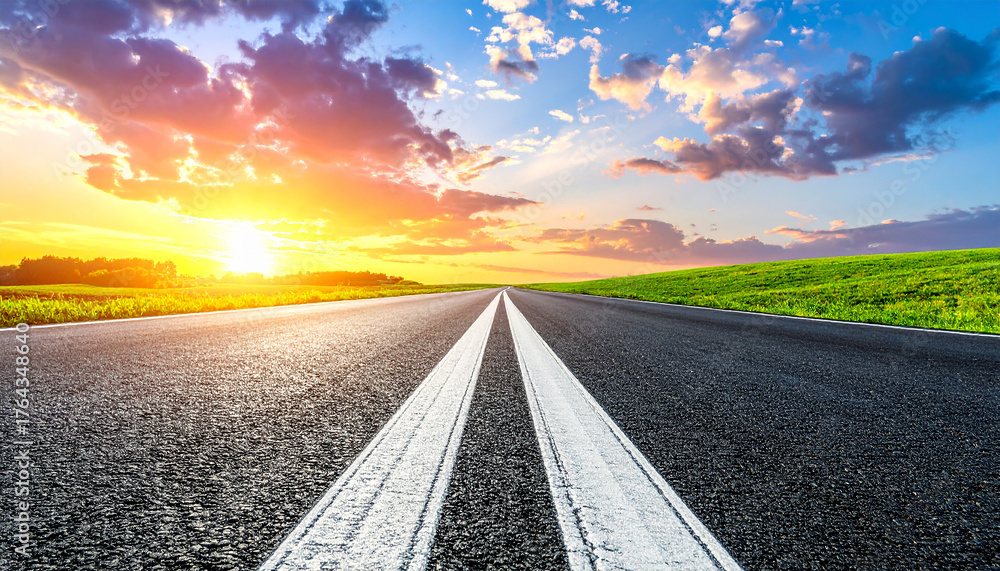 Fototapeta premium White arrow on the asphalt road during the sunset. Straight ahead way concept, path to success direction, business career future guidance, journey to the destination