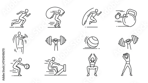 Iconic Fitness Collection: A dynamic compilation of hand-drawn fitness icons, ideal for illustrating workouts, gym routines, and health-centric concepts.