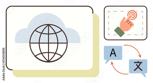 Globe on cloud background, hand tapping, language translation arrows. Ideal for technology, communication, globalization, online tools, accessibility language learning cloud services. Simple flat