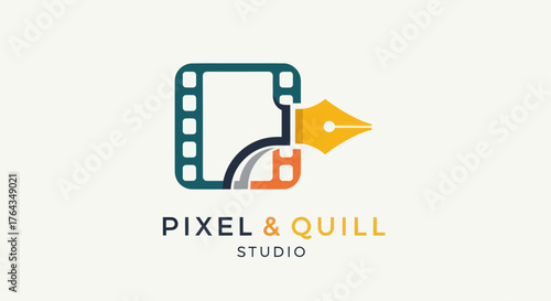 Creative logo featuring a film reel, quill, and paper, representing Pixel  Quill Studio.