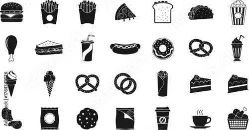 Collection of black and white illustrations of various fast food and snack items isolated on transparent background