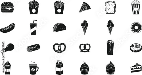 Collection of black and white fast food icons including burgers fries pizza drinks and desserts isolated on transparent background