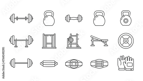 Gym Equipment Collection: An assortment of line art icons depicting various gym equipment and accessories. Emphasizing design, simplicity, and fitness culture. 