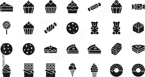 Collection of various sweet dessert icons including cakes cupcakes cookies candy chocolate bars and donuts isolated on transparent background