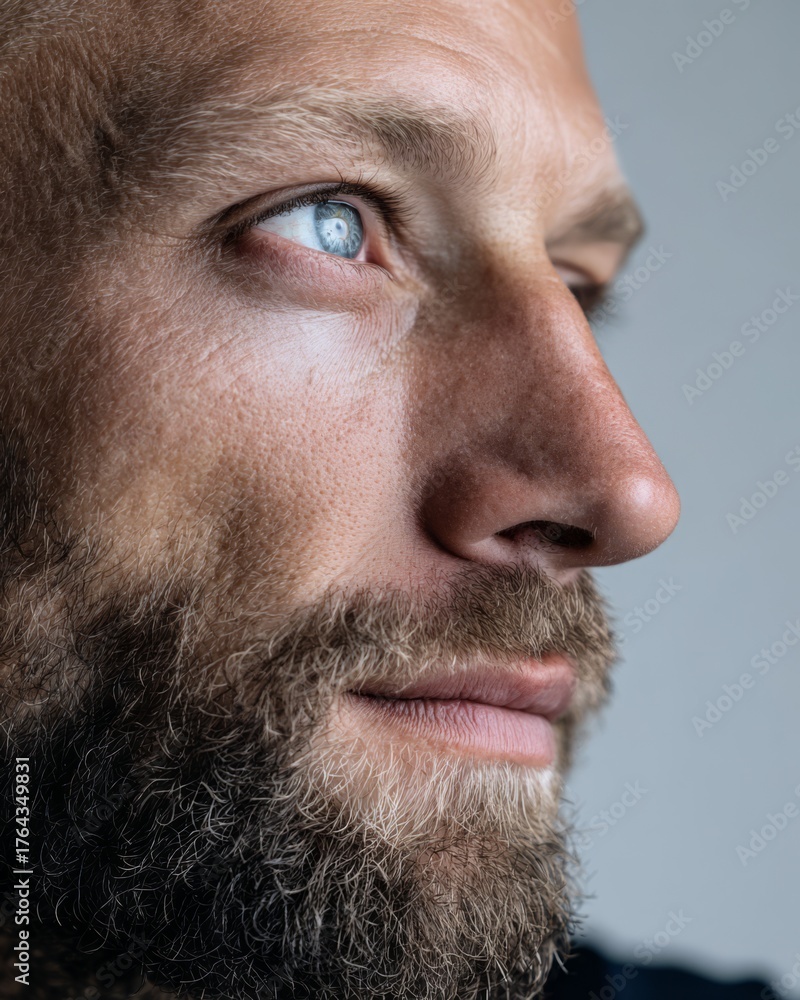 Fototapeta premium Close-up of man looking thoughtfully to the side representing creativity, vision, and contemplation.