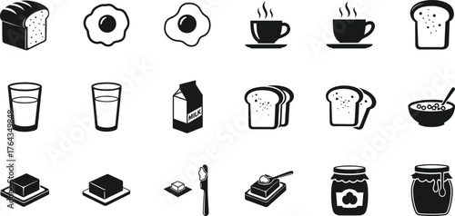 Collection of black and white hand drawn breakfast food and drink icons isolated on transparent background