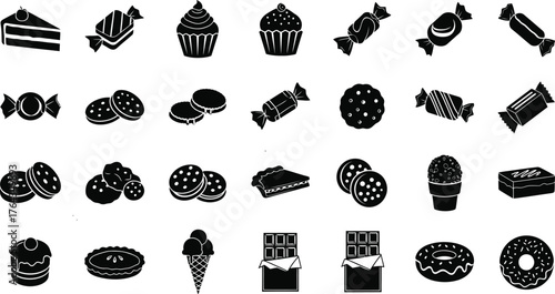 Collection of various sweet dessert and candy icons in black silhouette isolated on transparent background