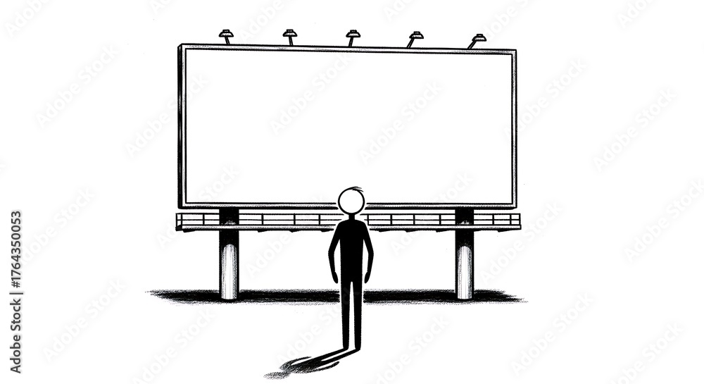 Obraz premium Minimalist Silhouette Figure Gazes at Vast, Empty Billboard Under Dramatic Shadow.