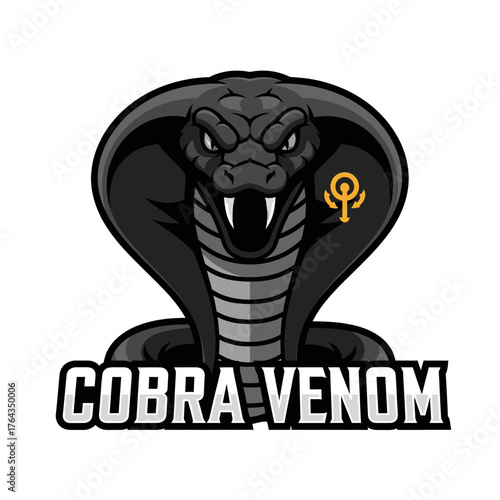 A stylized illustration of a cobra head with open mouth, displaying fangs and a logo.