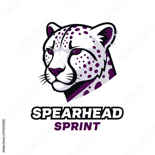 A dynamic, stylized illustration of a white and purple cheetah head mascot, featuring the text "SPEARHEAD SPRINT" below.