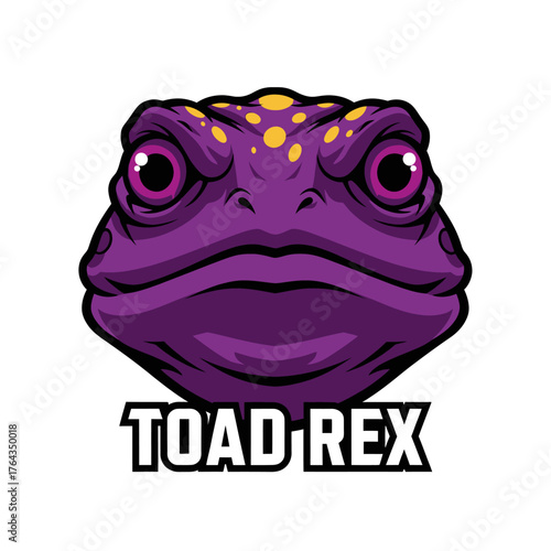 Cartoon illustration of a purple toad head with yellow spots, featuring a stern expression and the text "TOAD REX" below.