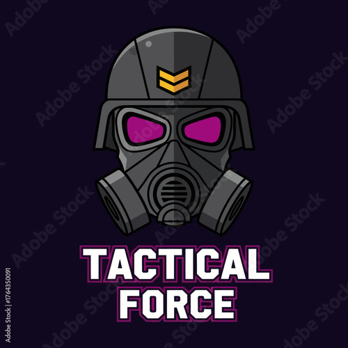 An illustrated logo featuring a dark tactical helmet with a gas mask and glowing purple eyes, above the text 'TACTICAL FORCE' on a dark background.