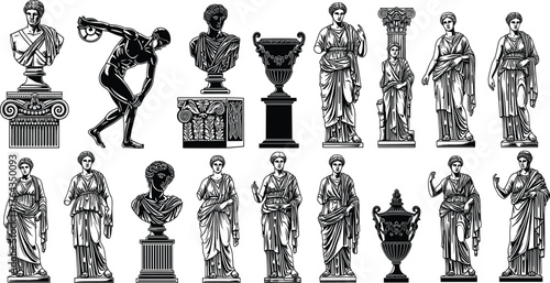 Ancient statue silhouettes, Greek and Roman busts, classical architecture elements, vector illustration for history, museum design, cultural heritage, antique art