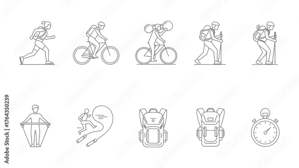 Fototapeta premium Outdoor Activities Icons: A collection of diverse outline icons depicting a range of outdoor activities, offering visual cues for exercise, adventure and outdoor recreation.