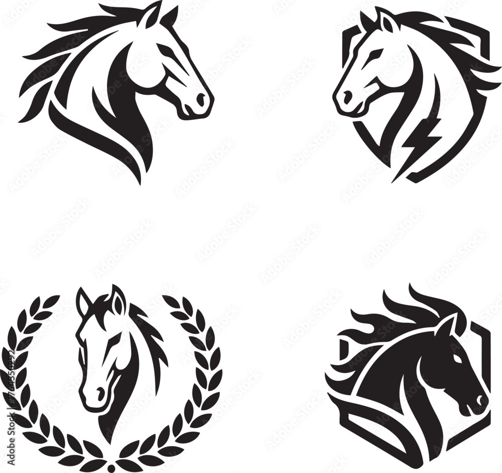 Fototapeta premium set of black and white horse vector illustrations and tribal silhouettes
