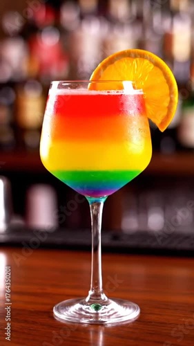 Colorful Rainbow Layered Cocktail With Orange Slice Garnish On Bar Counter