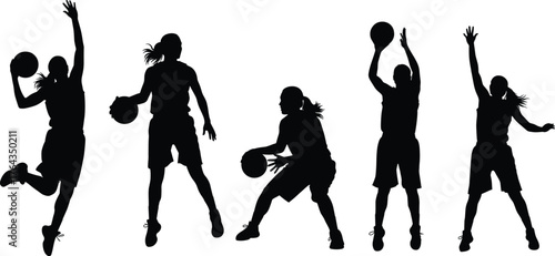 Basketball player silhouette illustration, black vector poses showing dribbling, shooting, jumping, victory gesture, sports action design for athletic concept