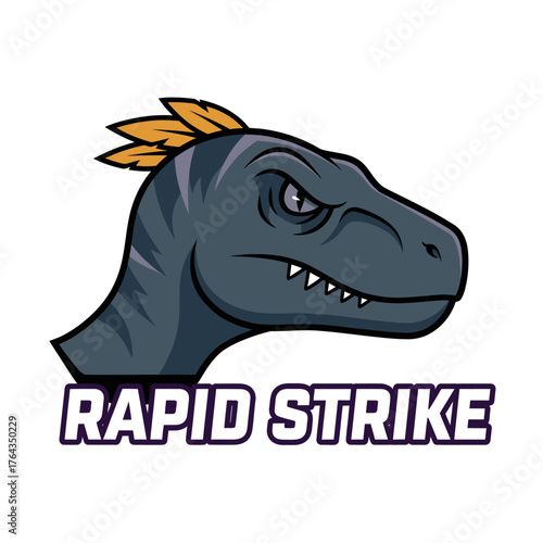 A fierce grey raptor dinosaur mascot logo with a yellow feathered crest and 'Rapid Strike' text.