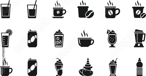 Collection of stylized black and white beverage icons including coffee cups sodas and blended drinks isolated on transparent background