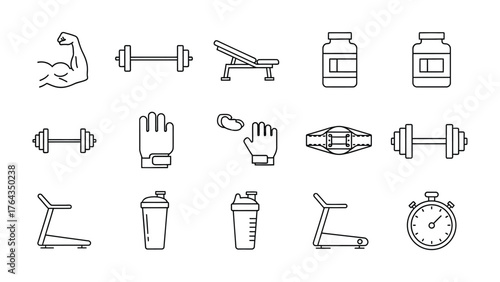 Gym Fitness Equipment: A comprehensive illustration of various gym and fitness equipment, ideal for illustrating exercise routines, health, or workout-related concepts. 