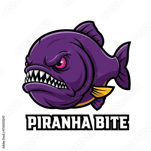 A fierce, cartoonish purple piranha with sharp teeth and glowing pink eyes, depicted in a profile view with the text "PIRANHAbITE" below it.
