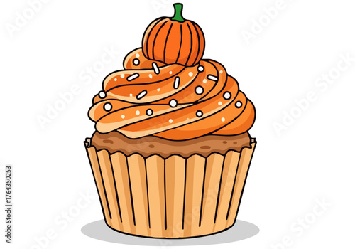 A charming pumpkin cupcake illustration with orange frosting and sprinkles. Perfect for autumn themes, desserts, or seasonal marketing. Clean, modern design.