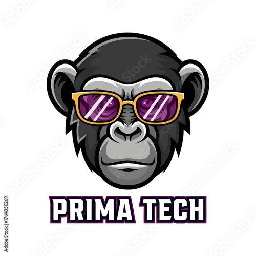 Cartoon illustration of a cool monkey head wearing sunglasses, with the text "PRIMA TECH" underneath.