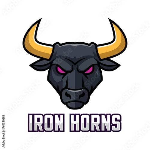 An aggressive black bull mascot logo with glowing pink eyes, golden horns, and the text 'Iron Horns' below.