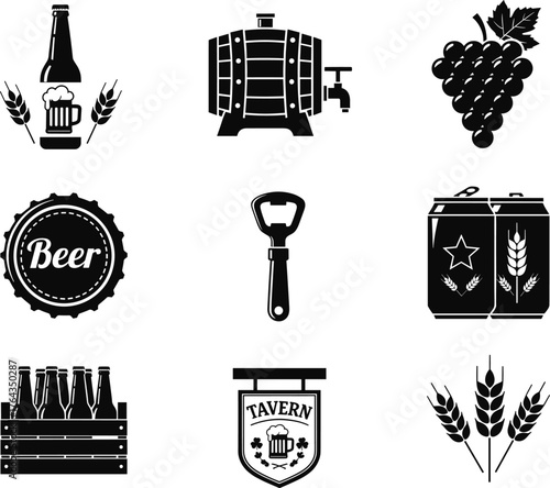 Beer and brewing icon illustration, black vector design featuring bottles, barrels, cans, opener, tavern sign, barley, grapes, alcohol concept