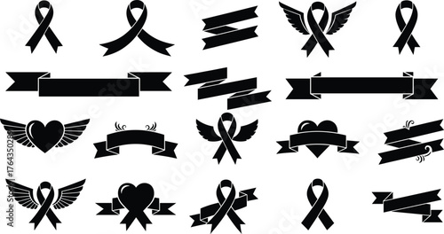 Awareness ribbon and heart wing icons, black vector illustration with banners, symbolic silhouette design for support, remembrance, hope, cause campaign graphics
