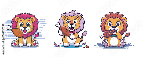 Adorable cartoon lions enjoying delicious chicken drumsticks with joyful expressions, perfect for food marketing and children's content