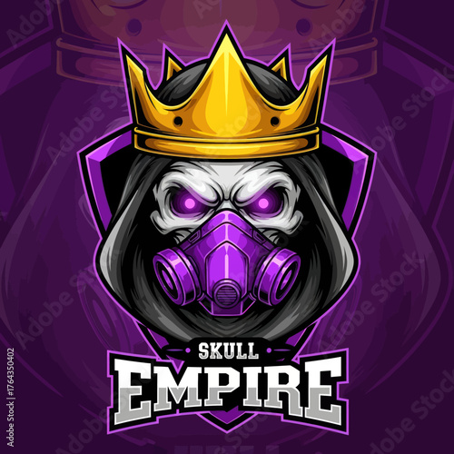 A menacing skull wearing a golden crown and respirator, representing a powerful empire.