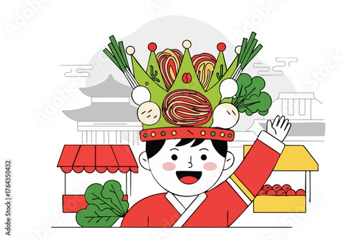 A cheerful young man wearing a traditional Korean crown and robe, offering vegetables, with a cityscape backdrop. Illustrative, vibrant, and playful design. ?Crown The Crunch? text.