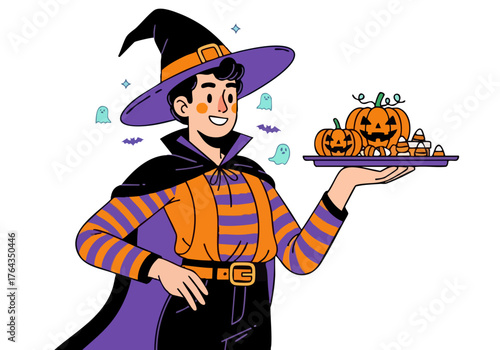 A cheerful male witch presents Halloween treats! Vibrant colors, playful style, perfect for party promotions and festive designs.