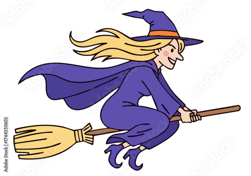 A cheerful witch flies on a broomstick, soaring through the air. Vibrant colors and a playful style make this illustration perfect for Halloween or magical themes.