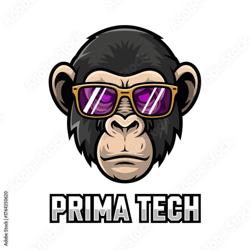 Cartoon illustration of a monkey head wearing sunglasses, with "PRIMA TECH" text below, against a white background.