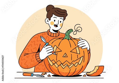 A cheerful woman carves a pumpkin, creating a spooky design.  Bright, playful illustration perfect for Halloween marketing.  Focus on fun and festive autumn vibes.