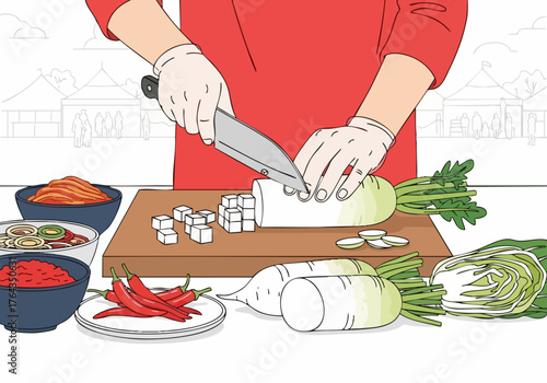 A chef meticulously slices Korean radish and kimchi, preparing a vibrant dish. Focus on fresh ingredients and a clean workspace.  Bright, appetizing food styling.