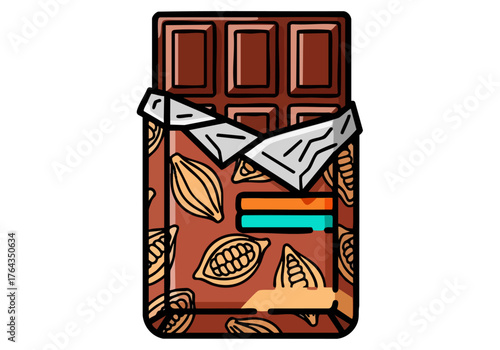 Choco style wrapper illustration Detailed chocolate bar with wrapper open showcasing cocobeans and a modern graphic design Perfect for food confectionery and branding projects