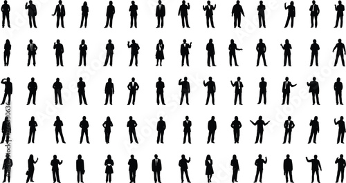 Business professional silhouette illustration, black vector design showing diverse poses, gestures, attire for corporate concept, communication theme, workplace artwork