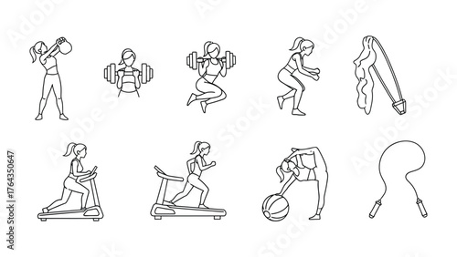 Fitness Routine Icon Collection: A comprehensive collection of fitness icons, showcasing various exercises for a healthy lifestyle. This set of illustrations captures the essence of workout routines.