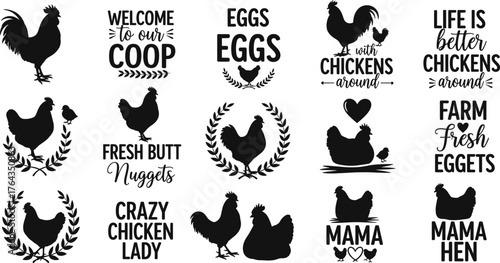 Chicken coop logo set, black and white poultry design, farm fresh vector, funny chicken quotes, rustic hen silhouette artwork