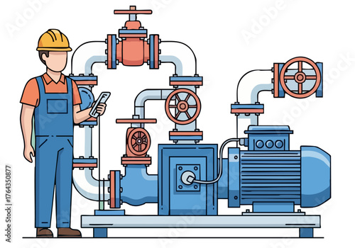 A construction worker examines a pump flow system with a tablet. Detailed illustration showcasing industrial equipment and a technician. Modern, clean style.