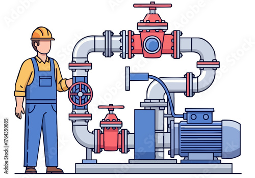 A construction worker stands beside a complex pump system, showcasing industrial technology. Clear lines and vibrant colors create a professional, modern illustration.