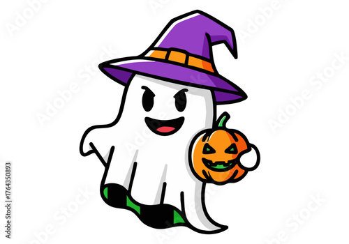 A cute, cartoon ghost with a purple hat and pumpkin, playfully floating. Ideal for Halloween, pride, or festive designs. Bright, cheerful, and visually appealing.
