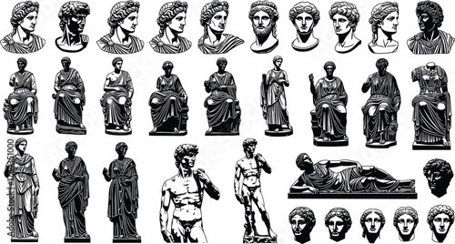 Classical sculpture illustration, Greek Roman bust vector, black and white statue drawing, ancient art design, vintage aesthetic, historical figure sketch