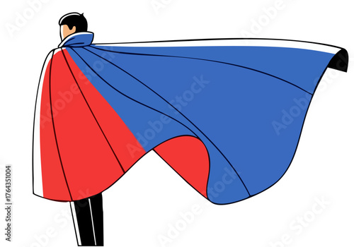 A dramatic illustration of a man in a superhero cape, featuring bold red and blue colors. Stylized and evocative, perfect for creative projects and branding.