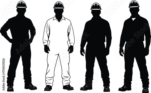 Construction worker silhouettes, industrial uniform icons, hard hat safety gear, black vector illustration for labor, occupational safety, jobsite identity, workforce design