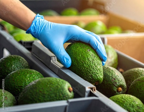 Hand Inspecting Fresh Avocados in a Crate for Quality Control.